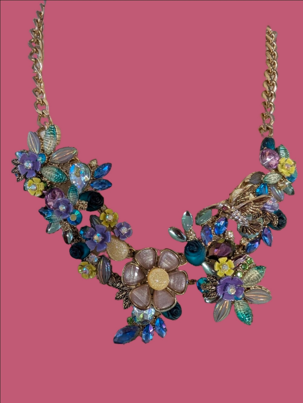 Betsey Johnson Purple Blue Yellow Floral Multi-Color Movable Bird Necklace - Picture 1 of 6